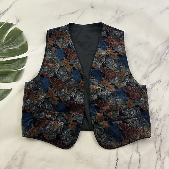 Century Womens Vintage 90s Velvet Vest Size M Black Orange Butterfly Floral - Picture 1 of 10